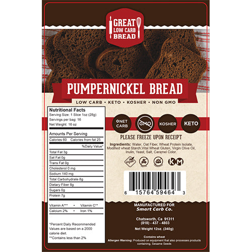 Pumpernickel Low Carb Sliced Bread: package label with ingredients and nutrition.