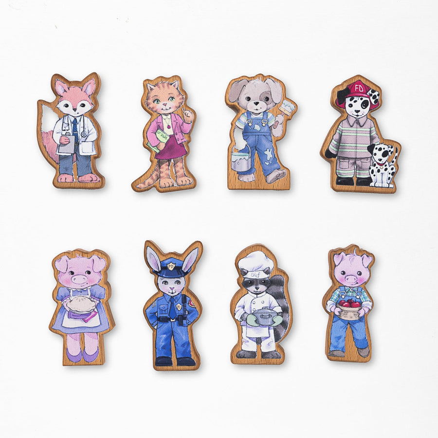 Eight illustrated wooden finger puppet characters arranged in two rows