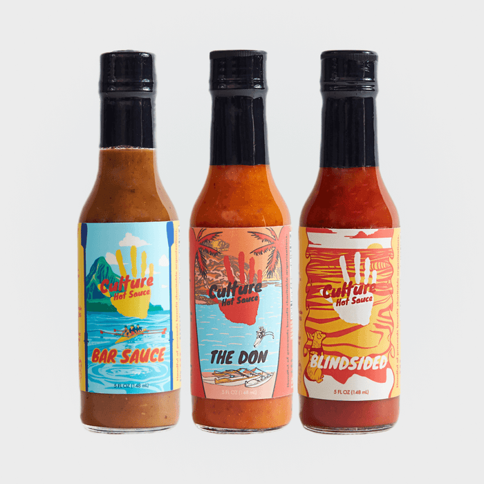 Three hot sauce bottles in the Best Seller’s Pack: Bar Sauce, The Don and Blindsided