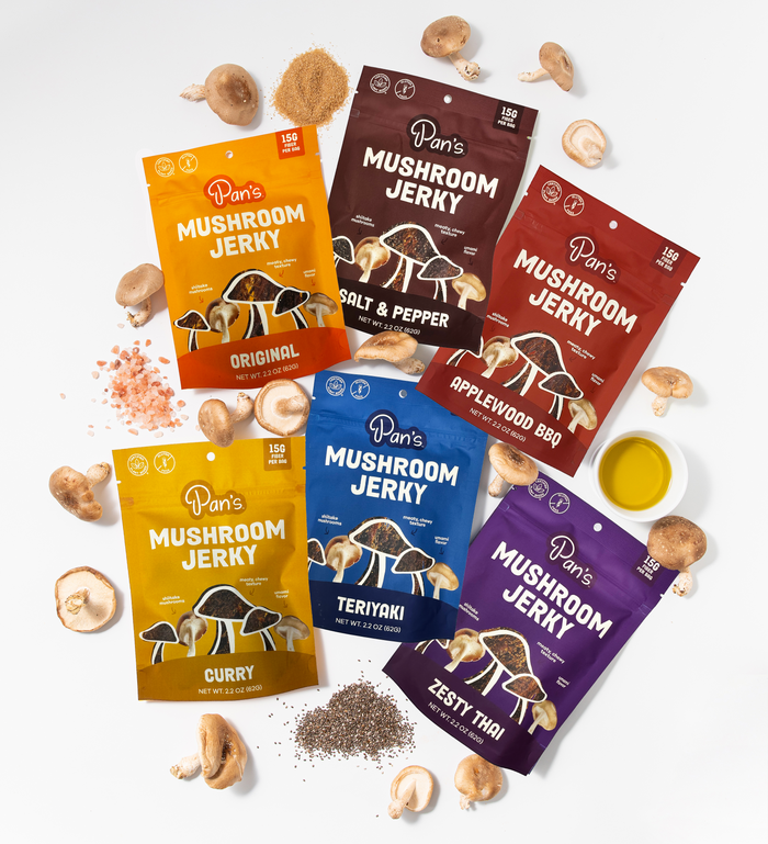Six Pan’s mushroom jerky flavors in 2.2 oz bags with mushrooms and seasoning ingredients