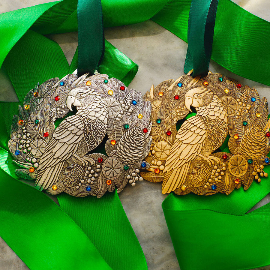 Collection display featuring Merry Parrot Ornament with Crystals