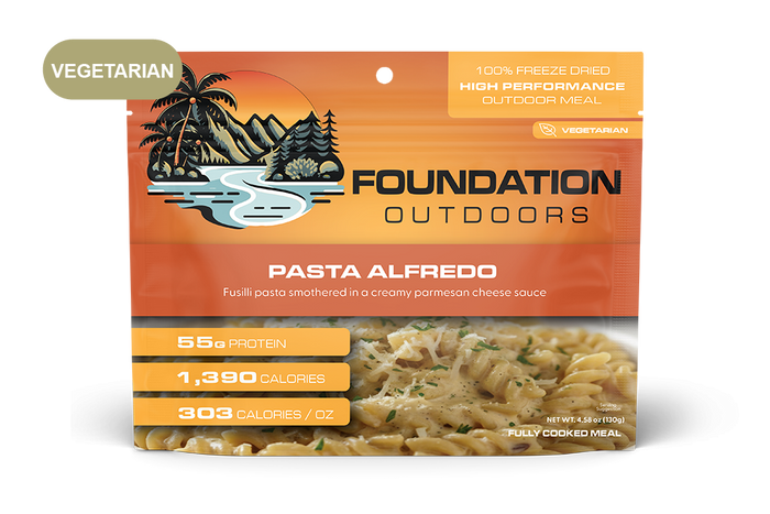 Vegetarian pasta Alfredo freeze-dried meal pouch, front