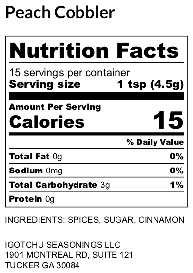 Peach Cobbler Seasoning – nutrition facts panel