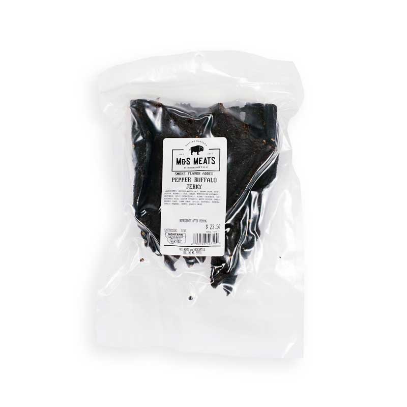 Pepper Buffalo Jerky, clear package with the product label