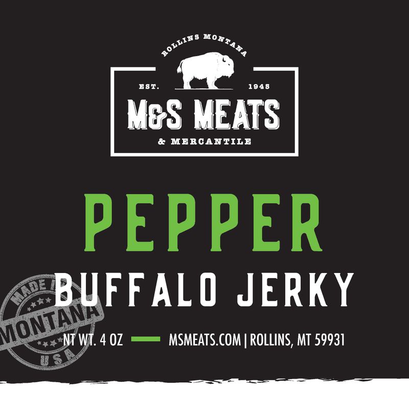 Pepper Buffalo Jerky, Pepper Buffalo label artwork showing a 4 oz example