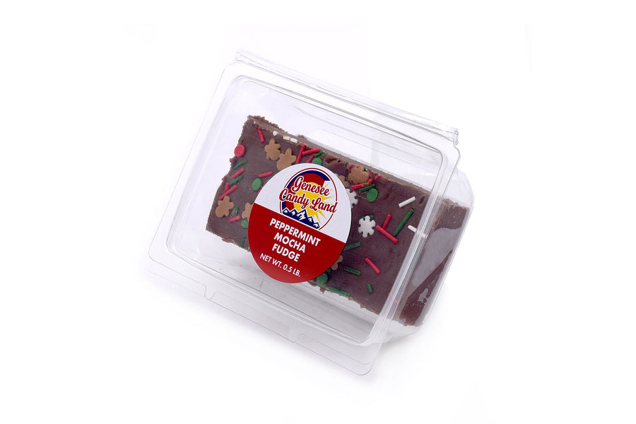 Peppermint Mocha Fudge, half-pound in clear clamshell packaging viewed from the side
