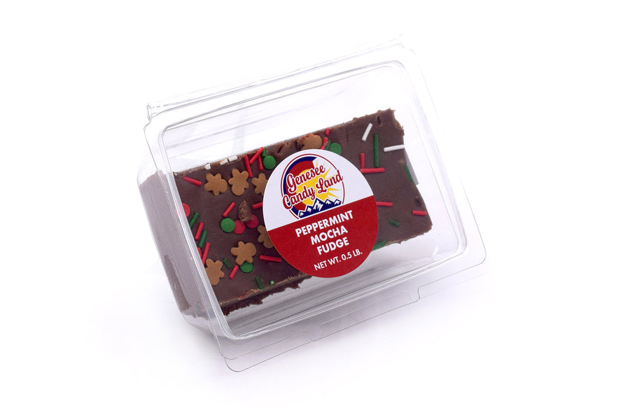 Peppermint Mocha Fudge, half-pound in clear clamshell packaging