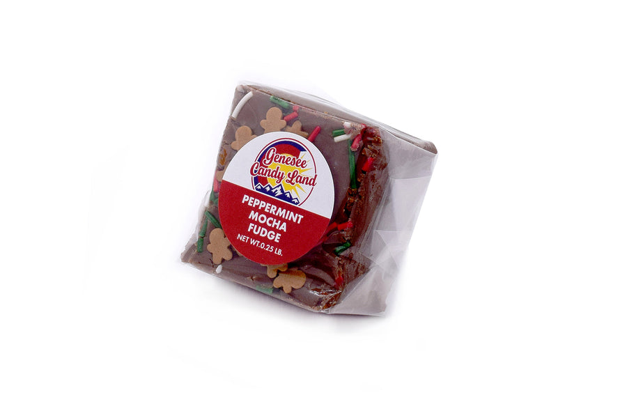Peppermint Mocha Fudge, quarter-pound in individual wrapping viewed from the side