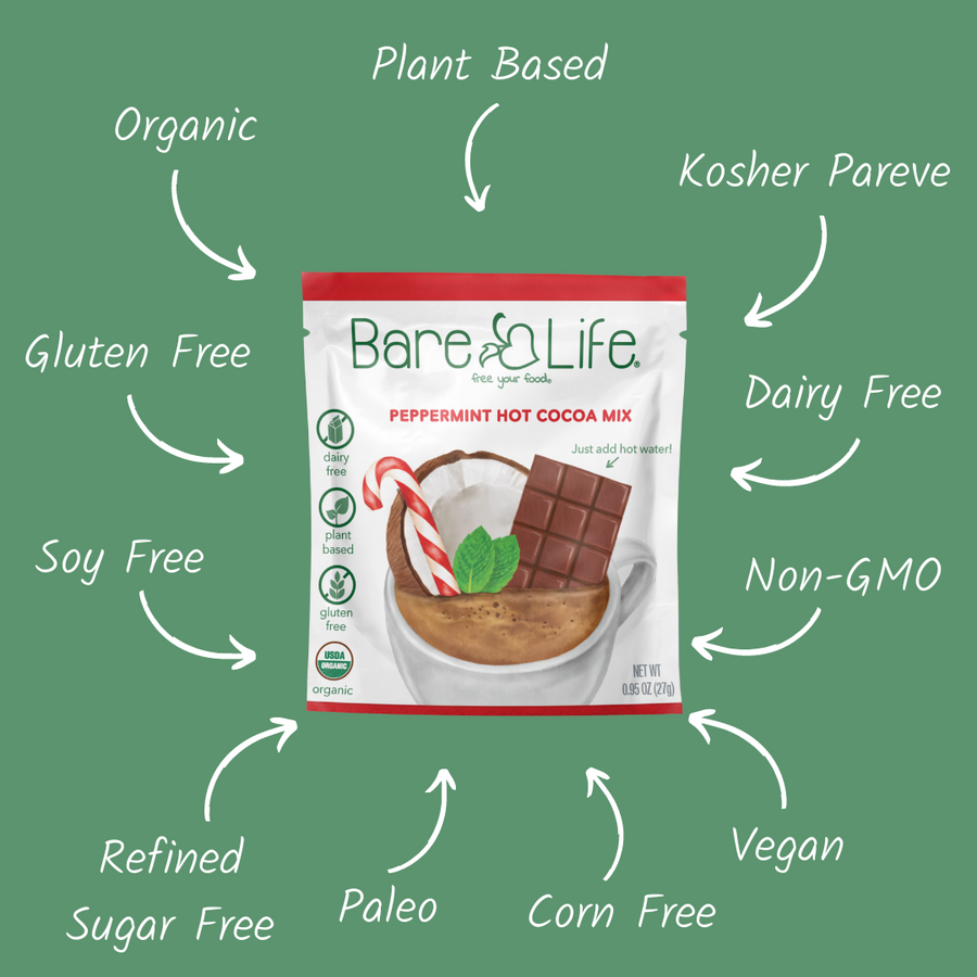 Peppermint cocoa packet surrounded by dietary attribute labels on a green background