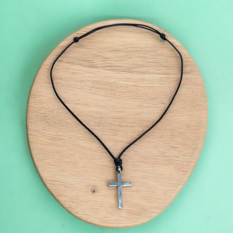 Full view of adjustable brown cord and Classic Cross pendant
