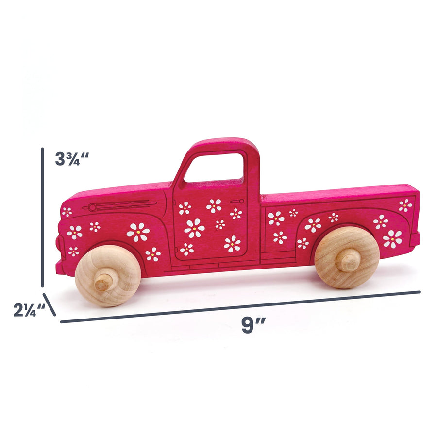 Pink Daisy Maple Toy Pickup Truck, 9 in. with dimension annotations