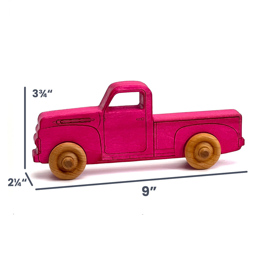 Pink Maple Toy Pickup Truck, 9 in. with dimension annotations