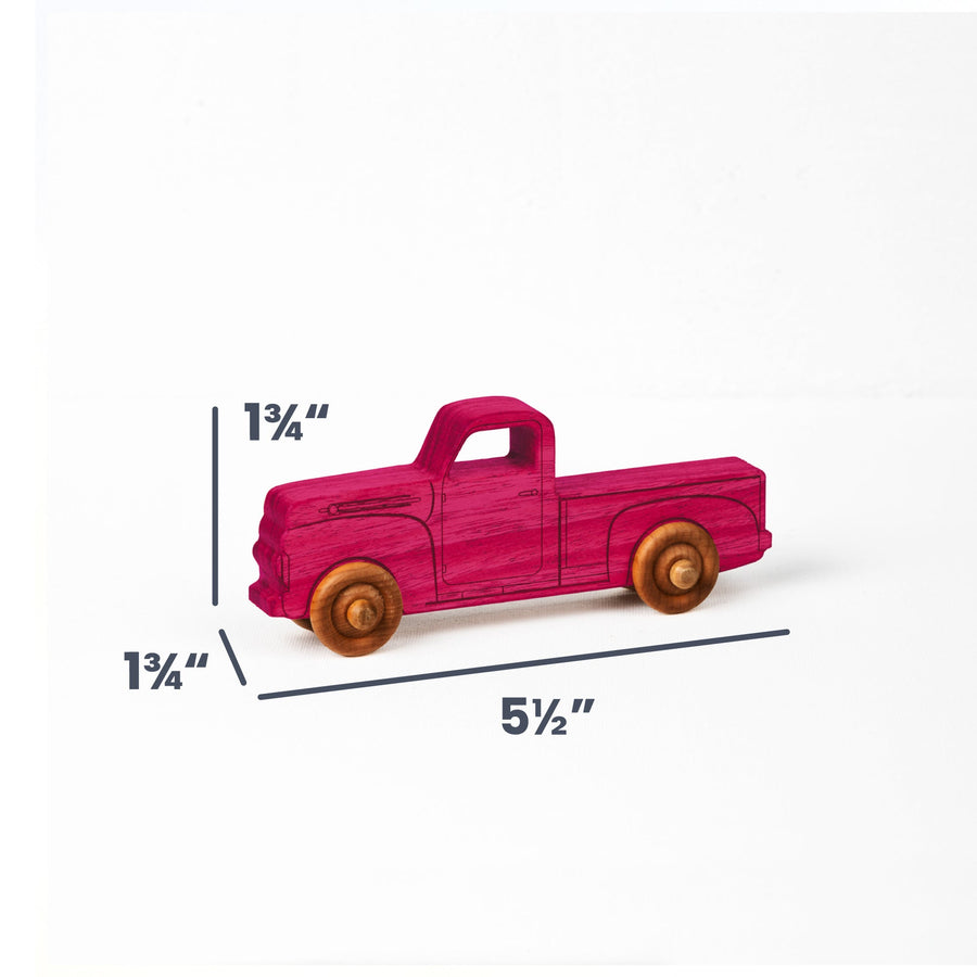 Pink Maple Toy Pickup Truck, 5.5 in. with dimension annotations