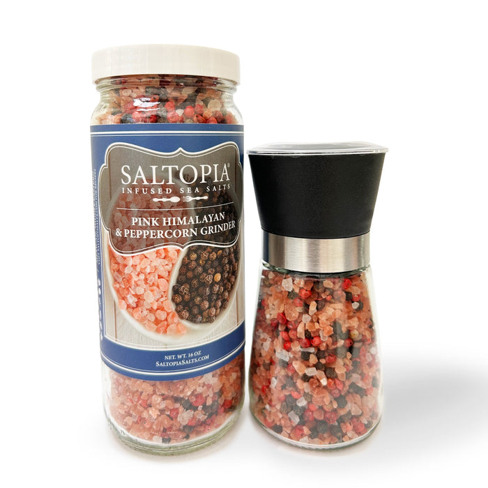 Pink Himalayan Salt & Four Peppercorn Blend: pictured grinder and refill jar; included contents require confirmation