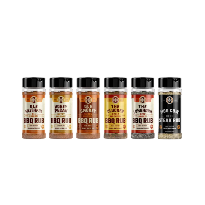 Six barbecue rub bottles: Ole Faithful, Honey Pecan, Ole Smokey, The Clucker, The Longhorn and Moo Cow