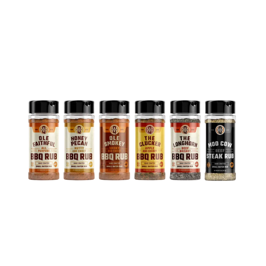 Six barbecue rub bottles: Ole Faithful, Honey Pecan, Ole Smokey, The Clucker, The Longhorn and Moo Cow