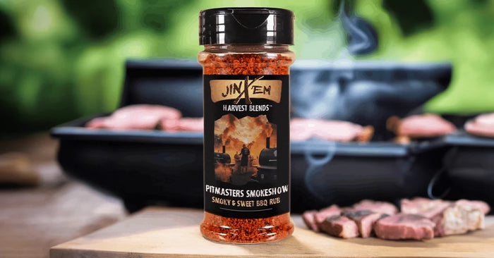Pitmasters Smokeshow Sweet & Smoky BBQ Rub — seasoning jar with a prepared food serving