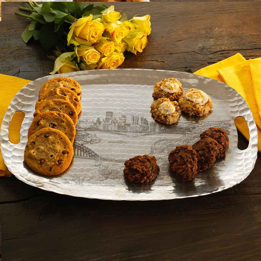 Styled display featuring Pittsburgh Skyline Luncheon Tray