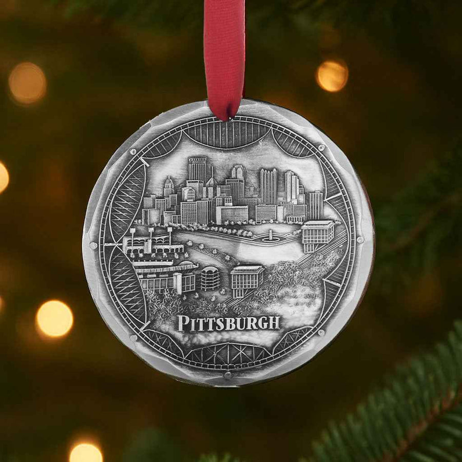 Styled display featuring Pittsburgh Bridges Skyline Ornament