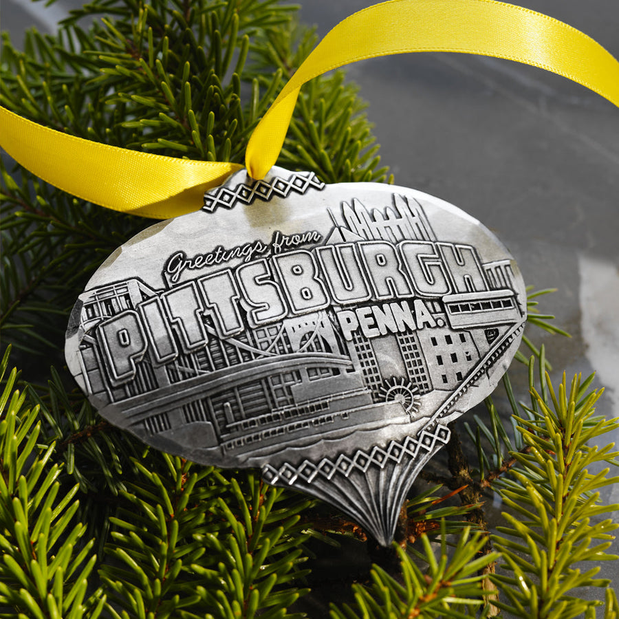Styled display featuring Greetings from Pittsburgh Ornament