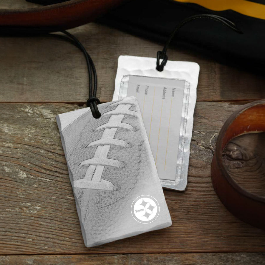 Styled display featuring Pittsburgh Steelers Football Bag Tag