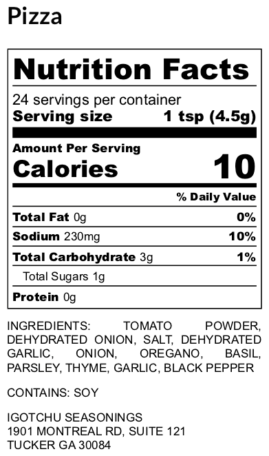 Pizza seasoning – nutrition facts panel