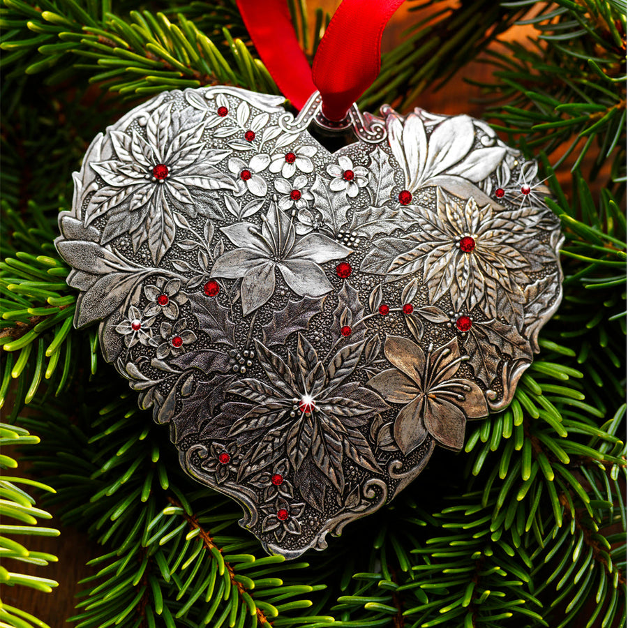 Styled display featuring Seasons of Love Winter Floral Heart Ornament with Crystals - Aluminum