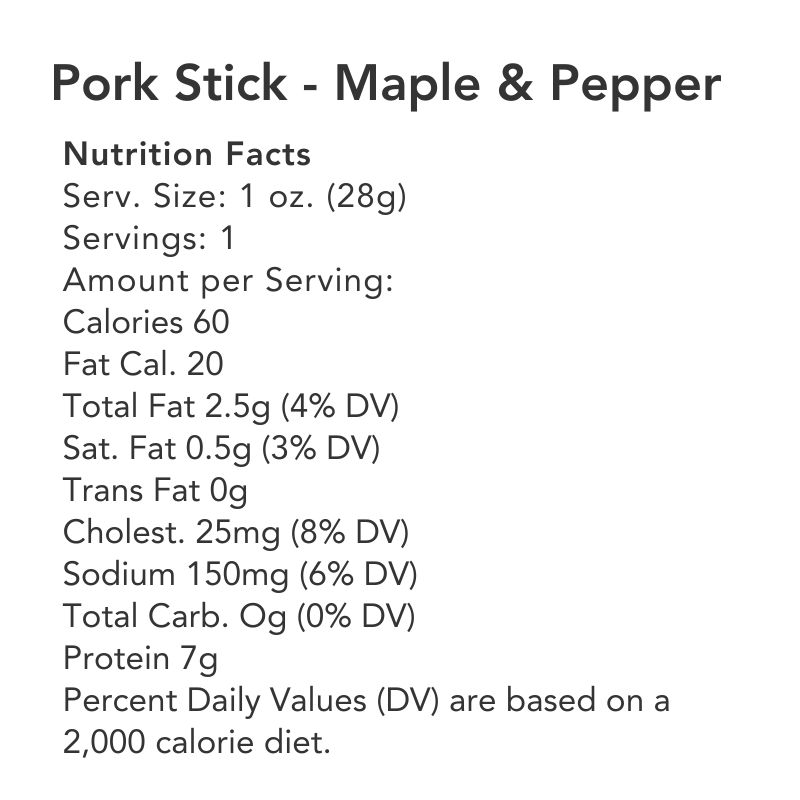 Maple & Pepper pork stick nutrition panel for one 1 oz stick