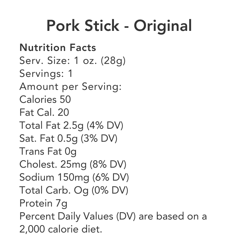 Original pork stick nutrition panel for one 1 oz stick