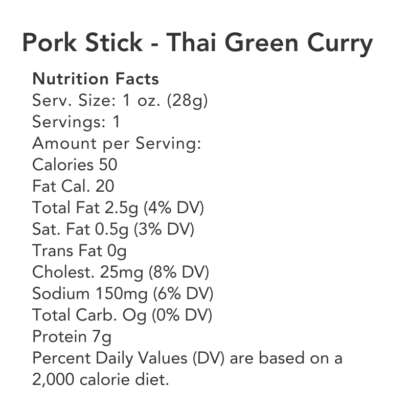 Thai Green Curry pork stick nutrition panel for one 1 oz stick