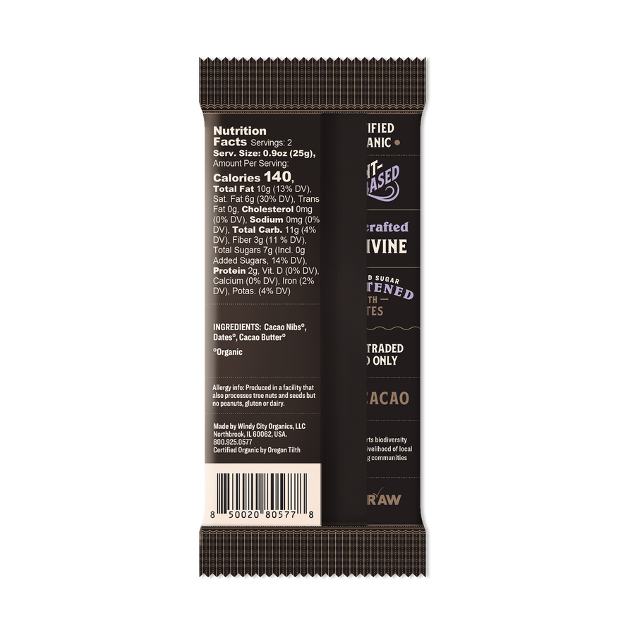 Product package photograph for Premium Date Sweetened Dark Chocolate Bar - 65% Cacao