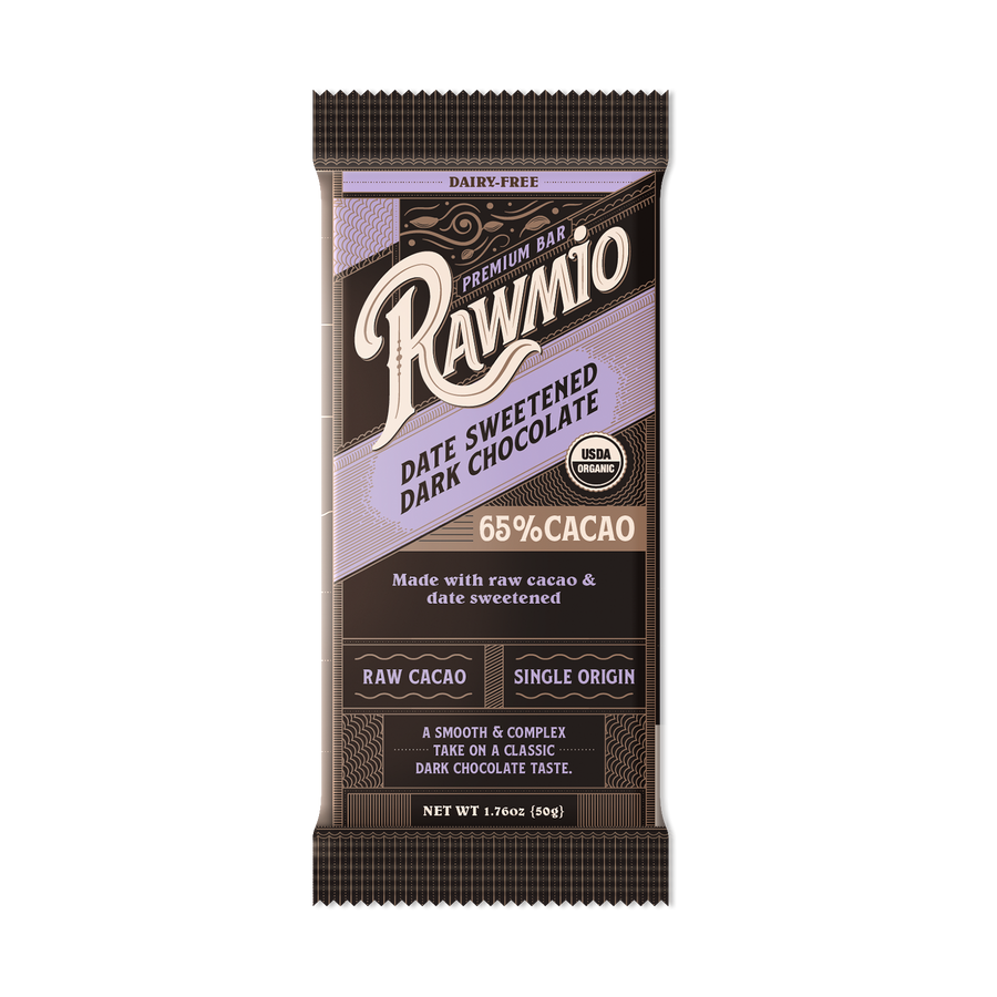 Product package photograph for Premium Date Sweetened Dark Chocolate Bar - 65% Cacao