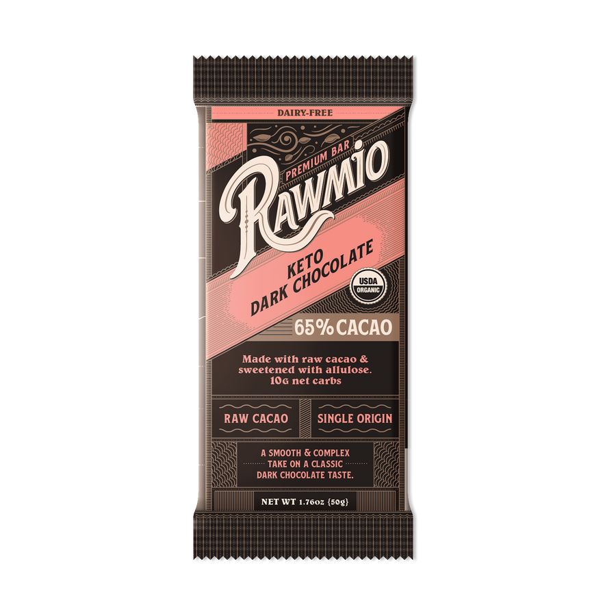 Product package photograph for Premium Keto Dark Chocolate Bar - 65% Cacao