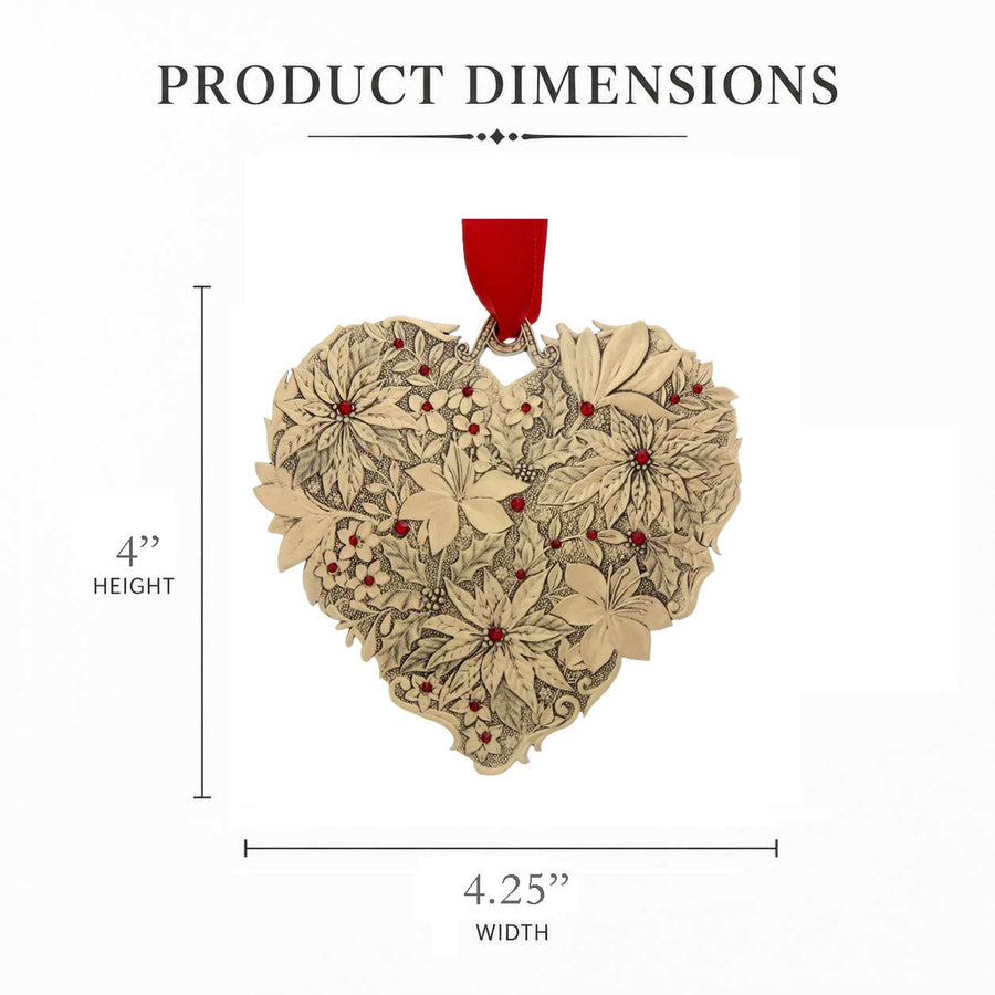 Product dimension guide for Seasons of Love Winter Floral Heart Ornament with Crystals - Bronze