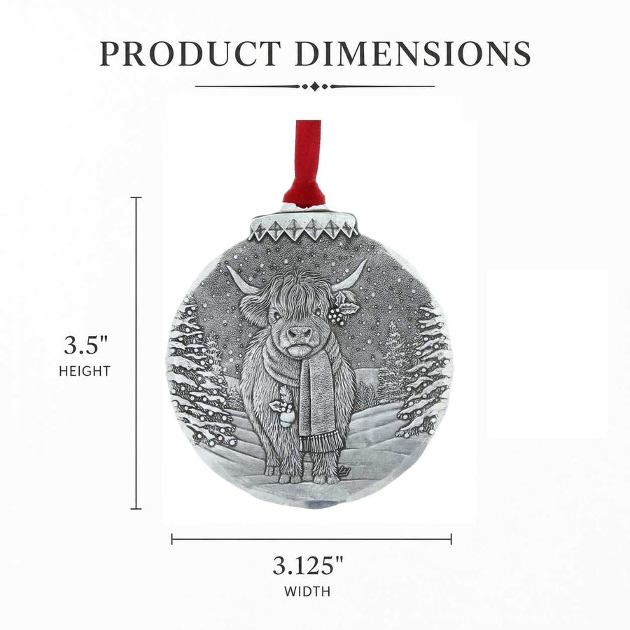 Product dimension guide for Holiday Highland Cow Christmas Ornament