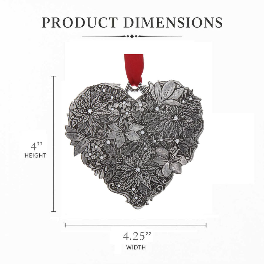 Product dimension guide for Seasons of Love Winter Floral Heart Ornament with Crystals - Aluminum
