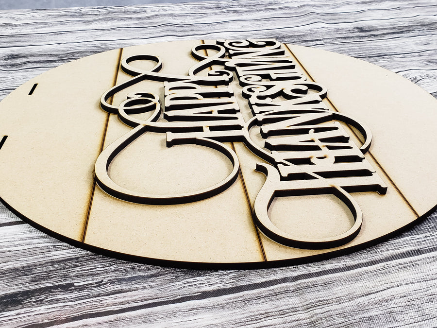 Close-up of separate Happy Thanksgiving MDF letters on the backer