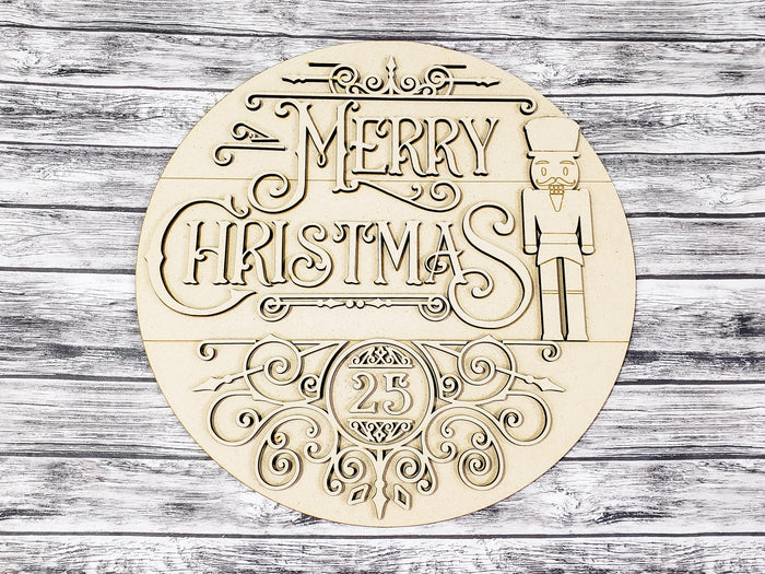 Unfinished round Merry Christmas nutcracker door hanger layout