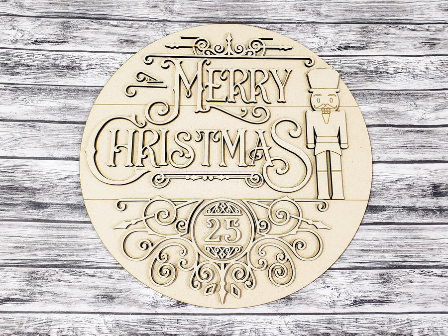 Unfinished round Merry Christmas nutcracker door hanger layout
