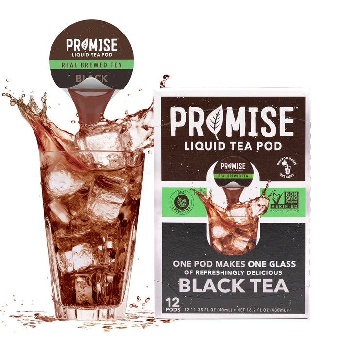 Promise Black Tea carton and pod beside iced tea