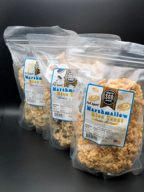 Bags showing marshmallow rice-treat flavor choices