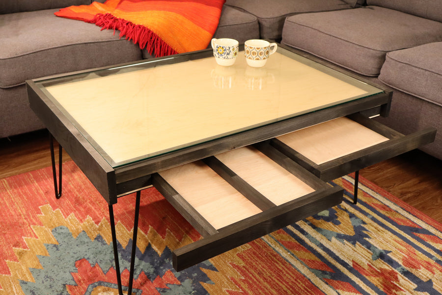 Rustic Puzzle Coffee Table with removable glass top - includes 2 hidden drawers - 24x36"