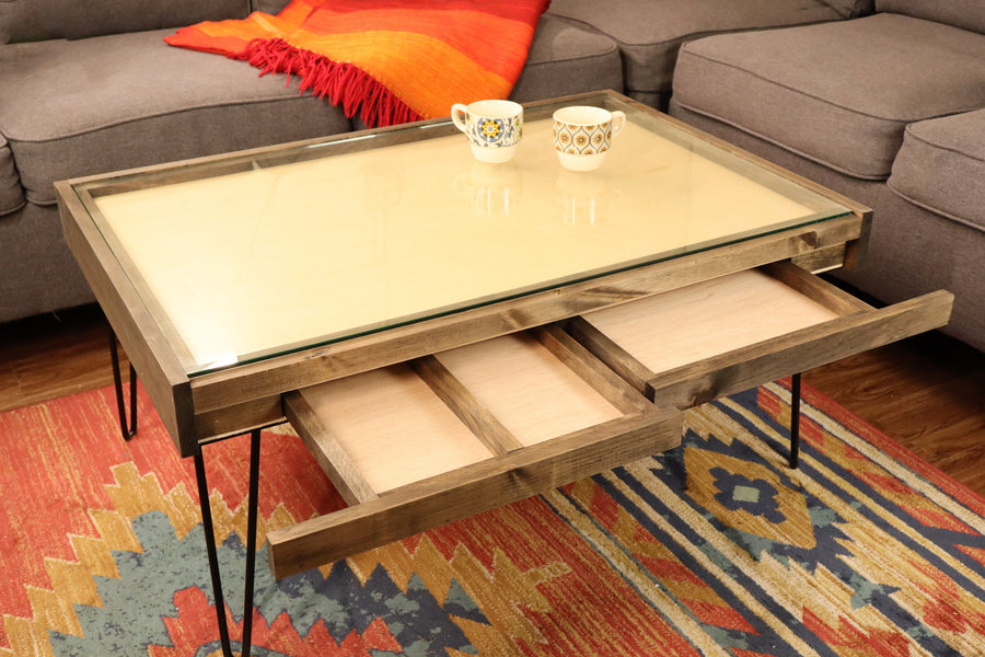 Rustic Puzzle Coffee Table with removable glass top - includes 2 hidden drawers - 24x36"