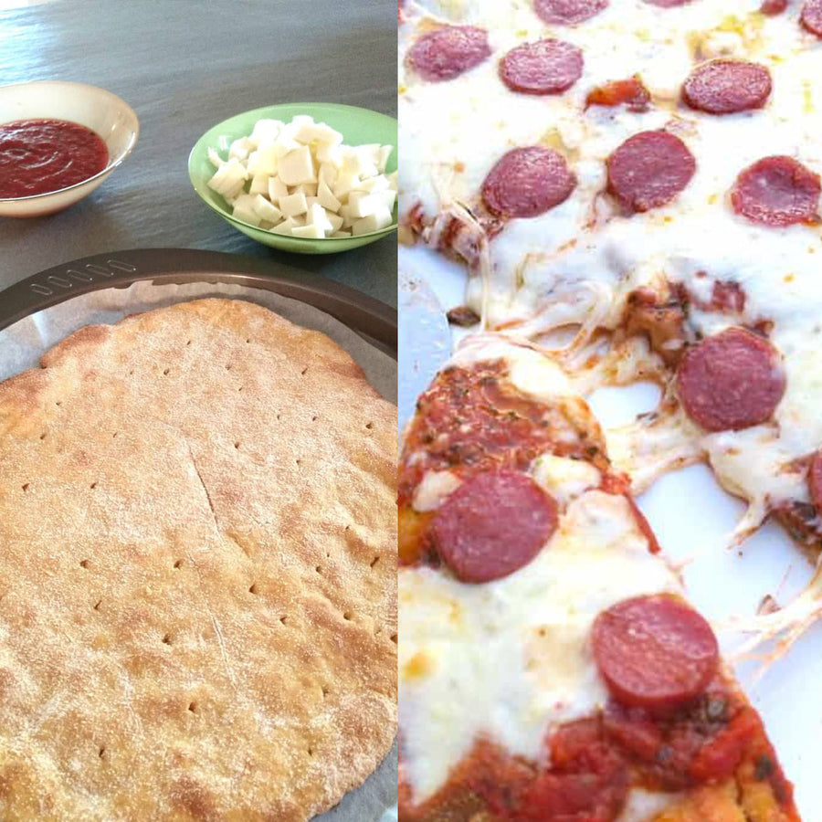 Miracle Flour Sweet Lupin Flour: pizza crust and topped pizza serving ideas.