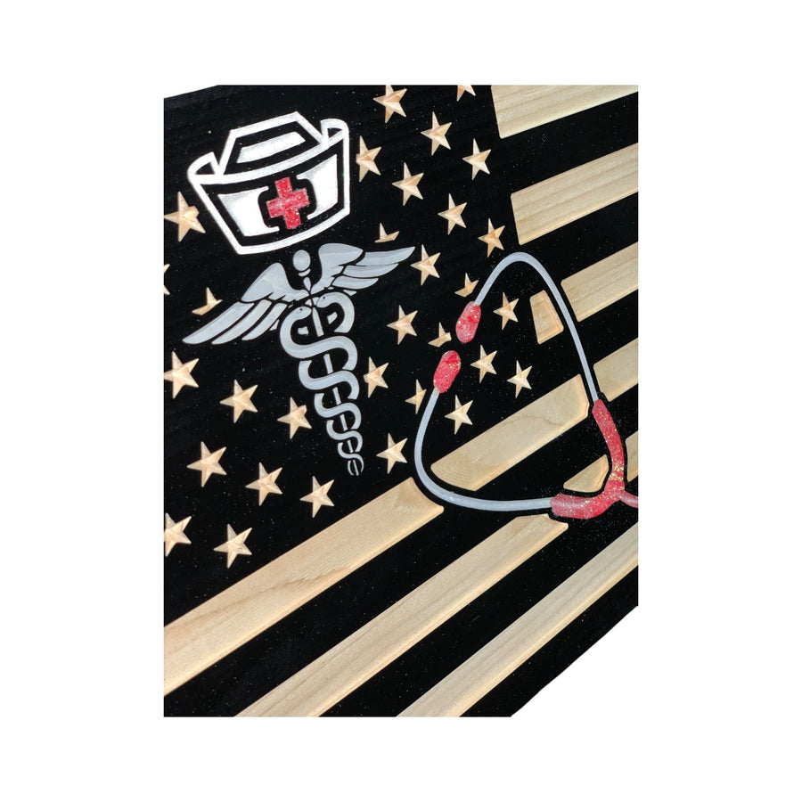Wooden American flag with custom healthcare and nurse engraving