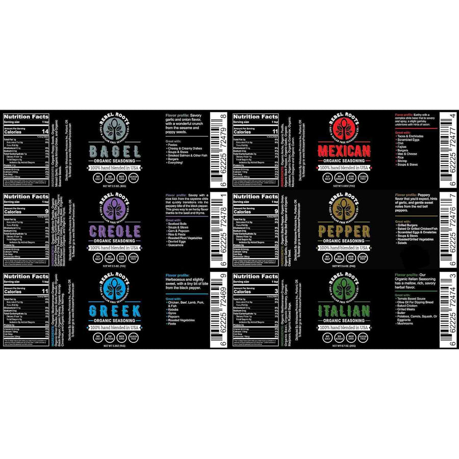 Rebel Roots Salt-Free Seasoning Blends: ingredient panels for the seasoning range.