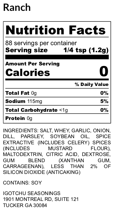 Ranch seasoning – nutrition facts panel