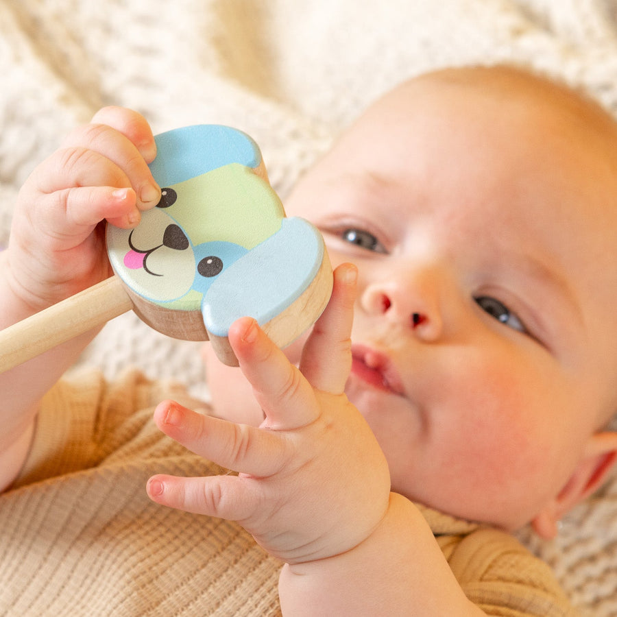 Baby holding a blue-and-green dog-shaped wooden rattle