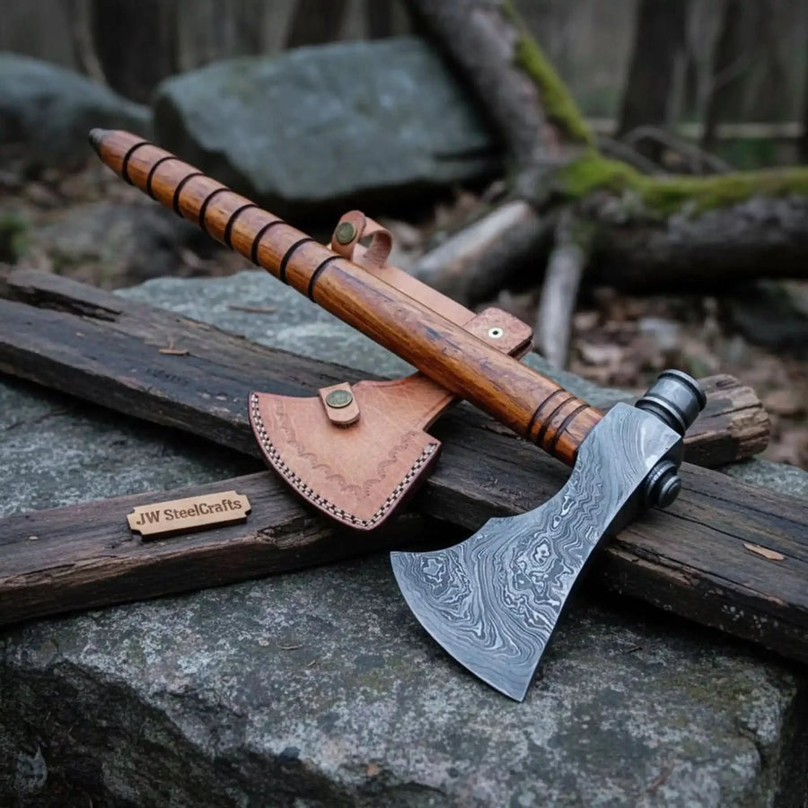 Damascus Smoking Axe with Leather Sheath and Ringed Rosewood Handle