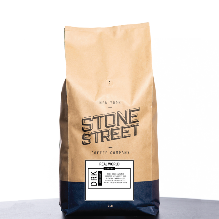 Front of the Stone Street Real World coffee bag with its product label visible